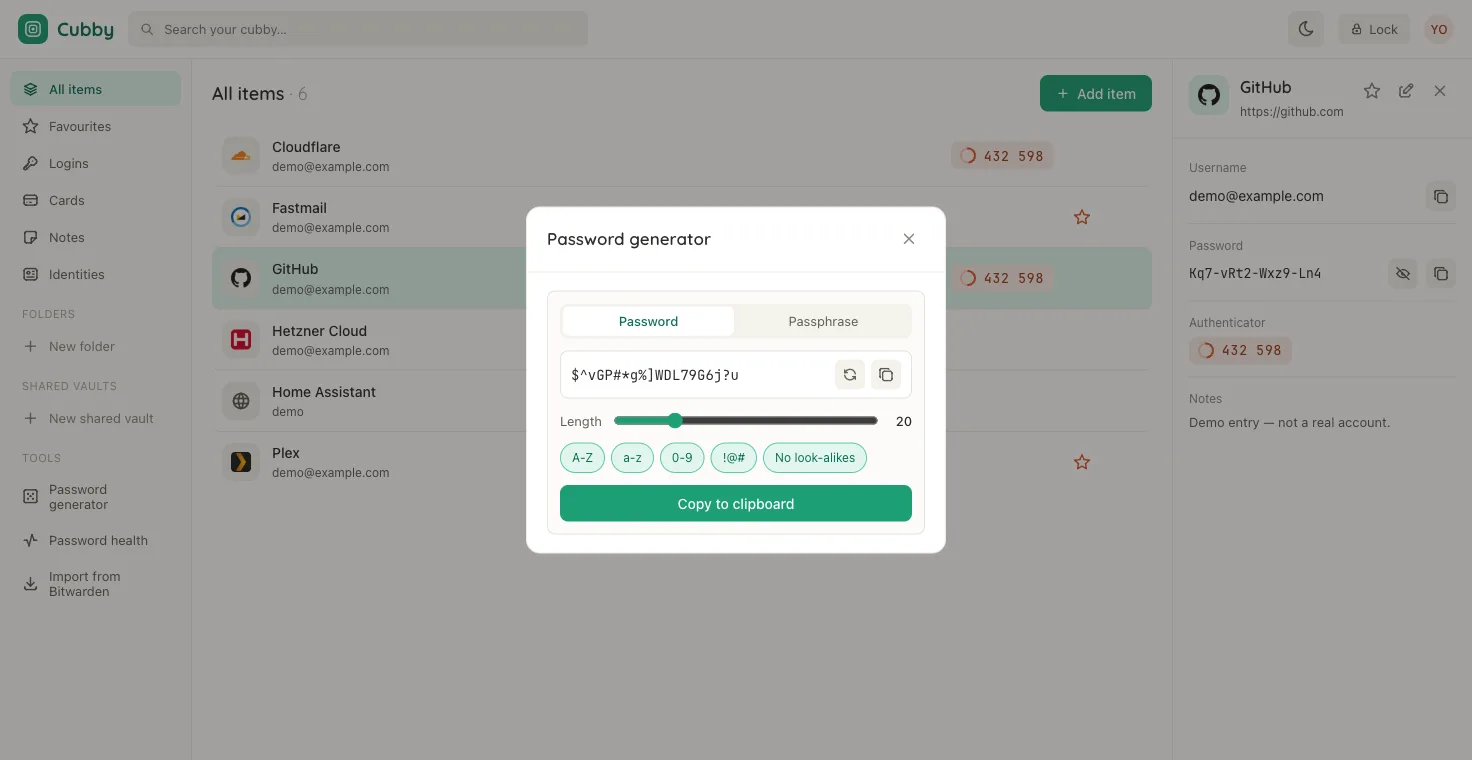 The generator. Look-alike exclusion is the toggle that stops a password containing characters you cannot tell apart when reading it aloud.