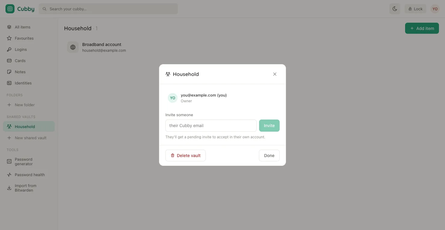 Inviting someone to a shared vault. Accepting is what delivers them the vault key, encrypted to their public key — the server never handles an openable copy.