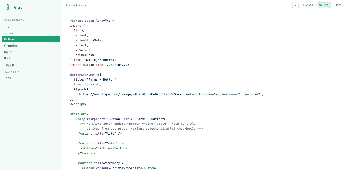 The Source view. The story is the file on disk, highlighted with Shiki — nothing is generated from an intermediate format.